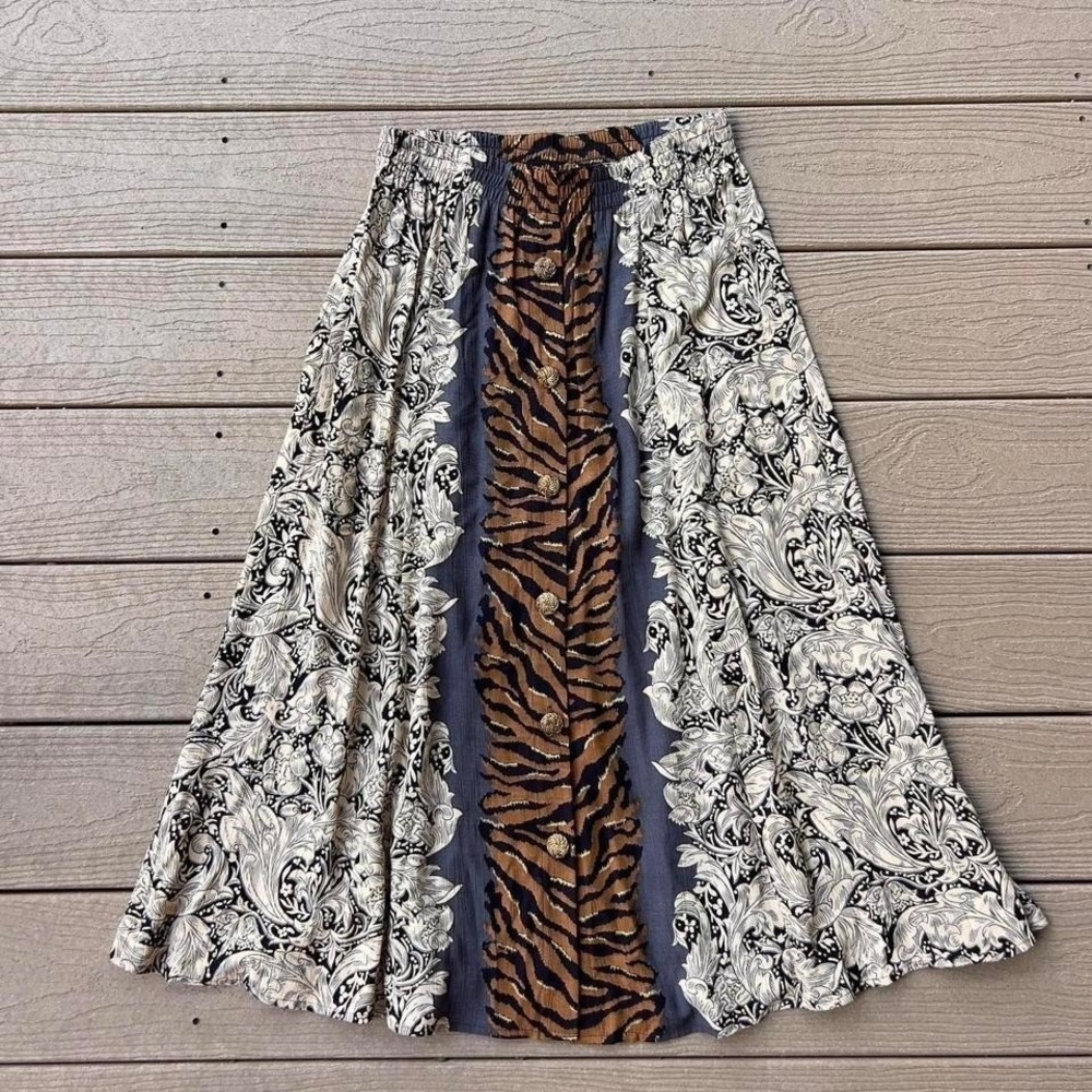 Vintage 90's‎ Carole Little Animal Floral Print Skirt Size 8 P Midi Maxi Rayon